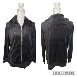 Christopher & Banks Y2K Velour Grey Zip Up Rhinestone Jacket Size Large - NWT